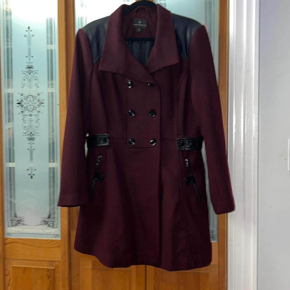 Worthington wool blend dark cherry/ burgundy red and black leather coat